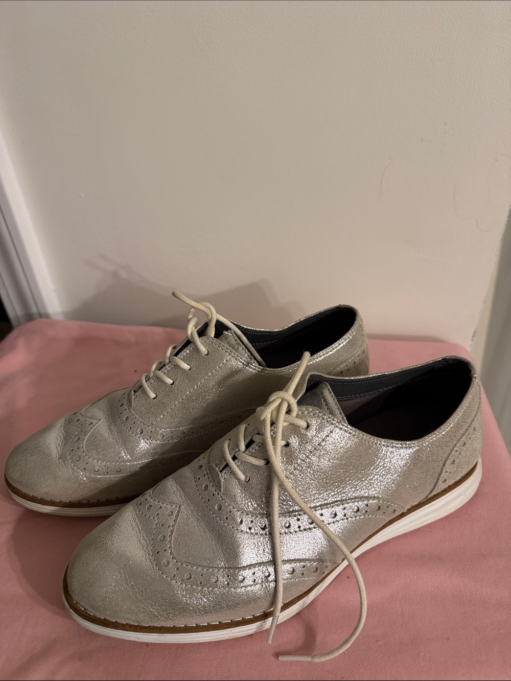 Cole Haan Metallic Silver Wingtip Oxford Flats